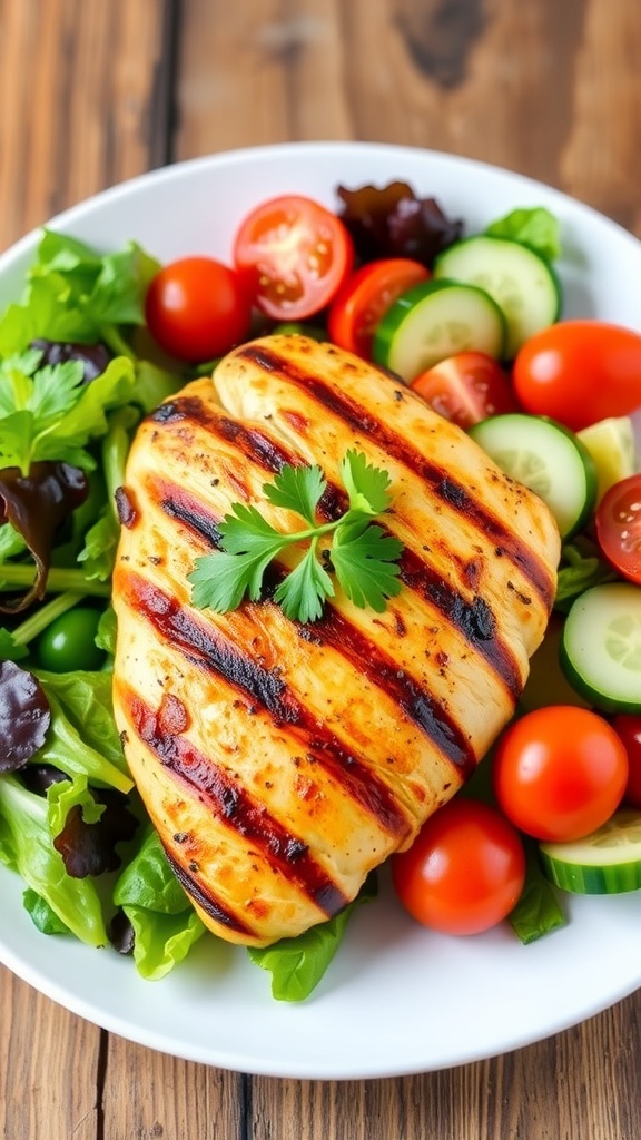 Grilled chicken breast from an air fryer, garnished with parsley, served with a fresh salad on a wooden table.